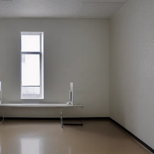 Prompt: minimalist room full of medical equipment, unknown location, clean, stucco walls, shiny floors