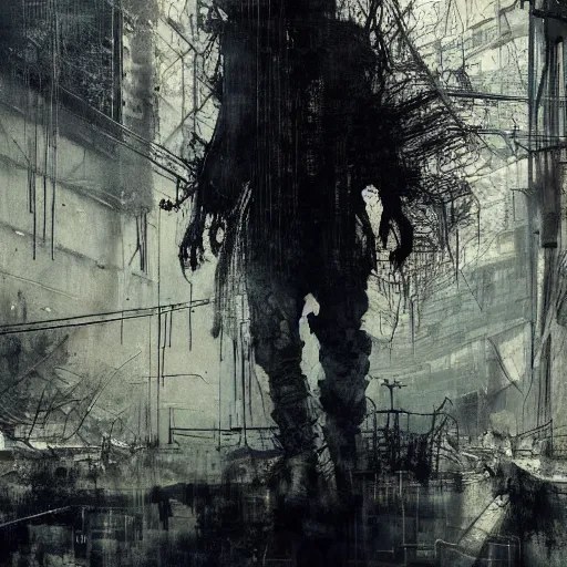 Image similar to lost and alone in an industrial wasteland screaming cyberpunk, wires, machines by emil melmoth zdzislaw belsinki craig mullins yoji shinkawa realistic render ominous detailed photo atmospheric by jeremy mann francis bacon and agnes cecile ink drips paint smears digital glitches glitchart