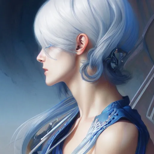 Prompt: ultra realistic illustration, aoc anime, intricate, elegant, white hair, blue eyes, cyborg, highly detailed, digital painting, artstation, concept art, smooth, sharp focus, illustration, art by artgerm and greg rutkowski and alphonse mucha