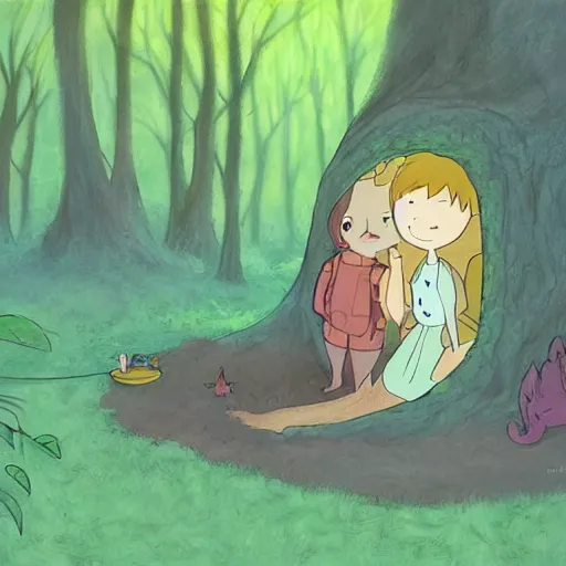 Image similar to a faerie and firefly couple living inside a hollow in a tree, masterpiece soft focus painting by kerascoet by marie pommepuy and sebastien cosset by studio ghibli, dynamic lighting