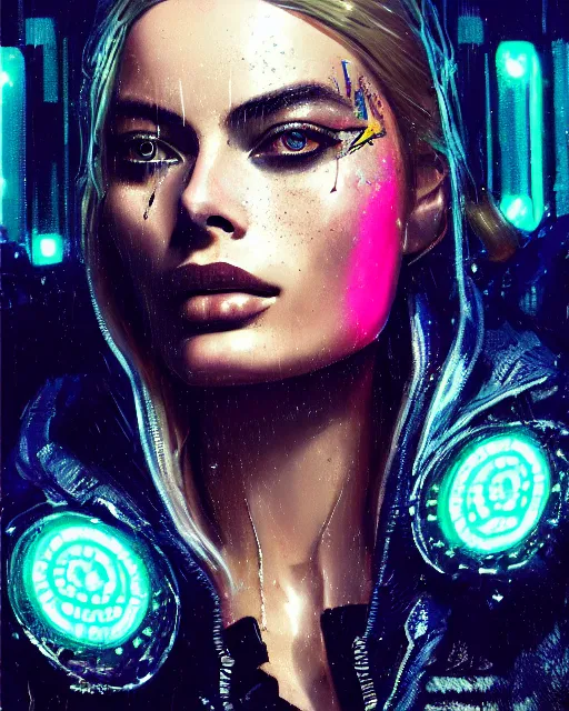 Image similar to neon operator margot robbie, cyberpunk futuristic neon, reflective puffer jacket, decorated with traditional japanese ornaments by ismail inceoglu dragan bibin hans thoma greg rutkowski alexandros pyromallis nekro rene maritte illustrated, perfect face, fine details, realistic shaded, fine - face, pretty face