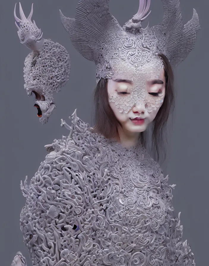 Image similar to 3 d goddess medium shot profile portrait. beautiful intricate highly detailed korean gumiho mask and traditional korean hanbok. stingray, magpie, stingray, magpie, bioluminescent, plasma, lava, ice, water, wind, creature, fog, artwork by tooth wu and wlop and beeple and greg rutkowski, 8 k trending on artstation,