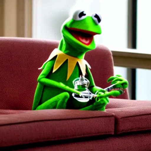 Image similar to candid photo of kermit the frog sitting on the couch hitting a bong, kermit the frog in ted ( 2 0 1 2 ) bong scene, kermit the frog using a bong, kermit bong bong kermit froggy bong, high resolution photo, trending on artstation, interior design,