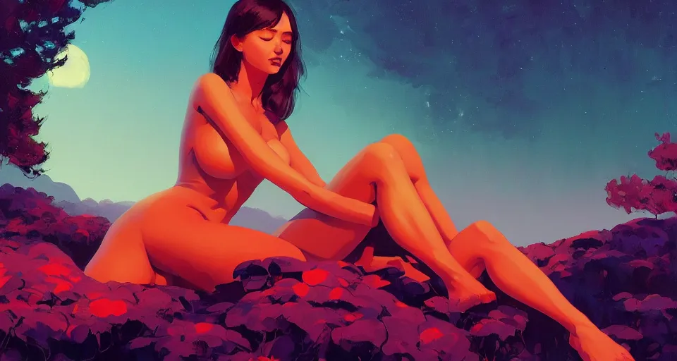 Image similar to a full - body with c - cups covering herself with hands behind a psychedelic landscape, night setting. realistic shaded lighting poster by ilya kuvshinov katsuhiro, magali villeneuve, artgerm, jeremy lipkin and michael garmash, rob rey and kentaro miura style, trending on art station