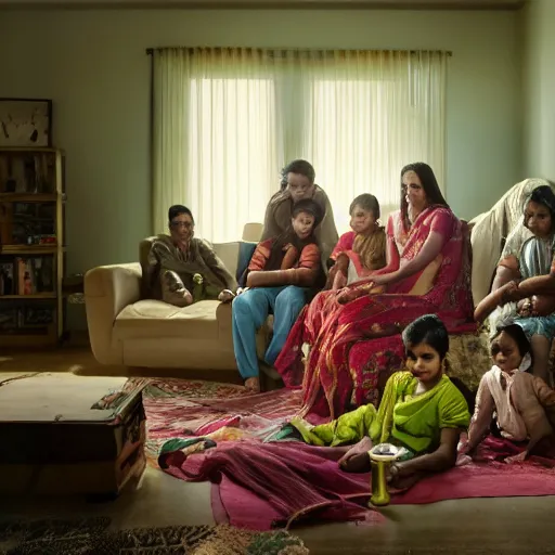 Image similar to a cinematic photograph of an Indian family inside their suburban house, by Gregory Crewdson, shot on phase one large format digital camera, natural lighting, 8K,