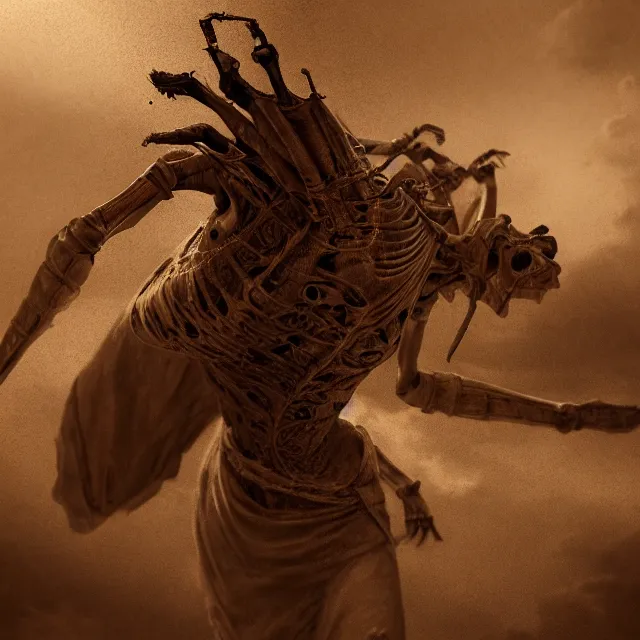 Image similar to photorealistic sepia painting of a flying mummy in a power pose, nabatean writing on the bones, atmospheric lighting, brooding, painted, intricate, ultra detailed, well composed, best on artstation, cgsociety, epic, horror, stunning, gorgeous, intricate detail, much wow, masterpiece, cinematic aesthetic octane render, 8 k hd resolution,