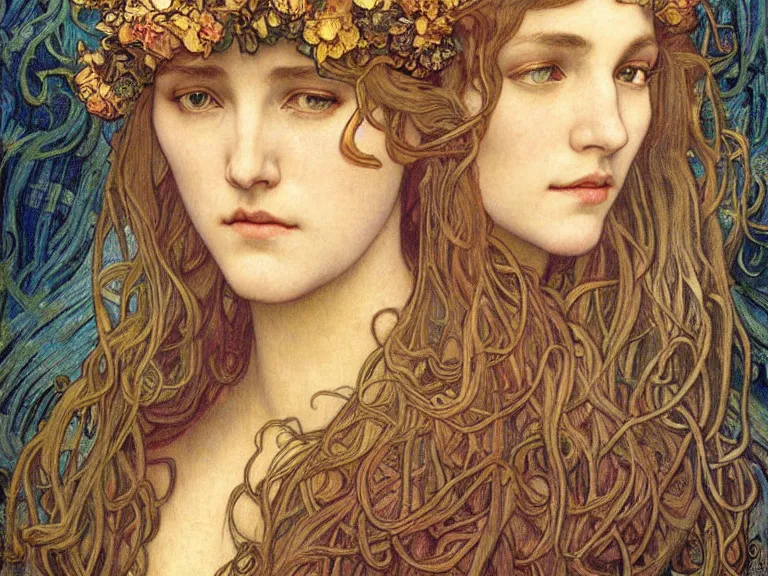 Image similar to detailed realistic beautiful young medieval queen face portrait by jean delville, alphonse mucha, vincent van gogh, and marco mazzoni, art nouveau, symbolist, visionary, gothic, pre - raphaelite