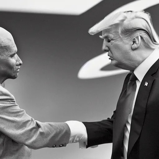 Image similar to press photo of donald trump shaking hands with a gray alien