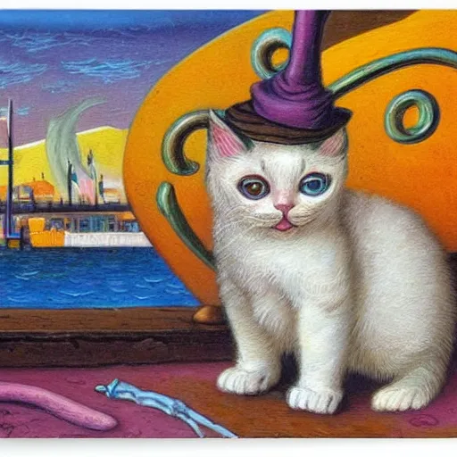 Image similar to a small sad white kitten at fisherman's wharf in San Francisco, fantasy illustration, Louis William Wain