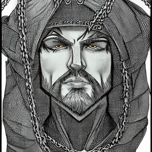 Prompt: an epic portrait of a lanky half elf with a chinstrap beard, clad in a chain mail of wood, drawn by john avon