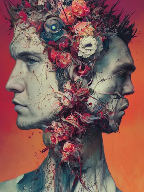 Image similar to art portrait of man with flower in head,by tristan eaton,Stanley Artgermm,Tom Bagshaw,Greg Rutkowski,Carne Griffiths,trending on DeviantArt,face enhance,chillwave,minimalist,ghost in the shell,decay,full of colour,