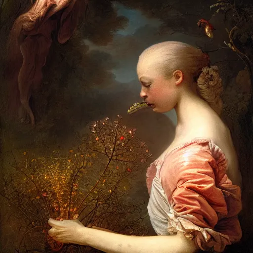 Image similar to wonderful world of carnivorous plant eating a woman, the woman has a beautiful face. photographed in high resolution, 8k, by fragonard