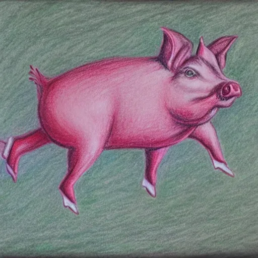 Image similar to chalk pastel drawing of of a flying pig with wings