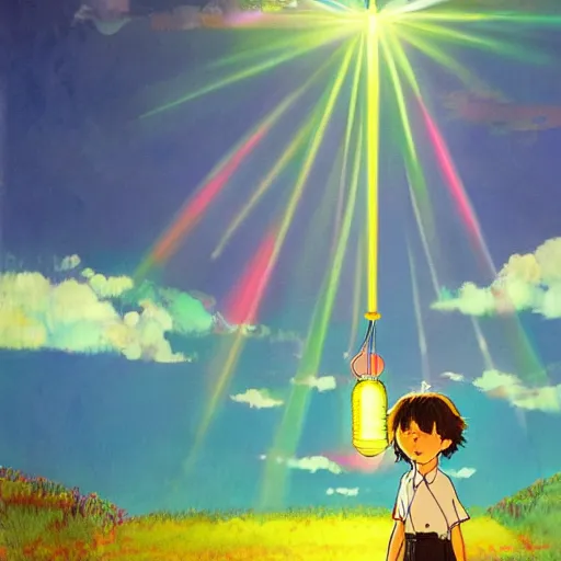 Image similar to a magic machine connected to a boy with a helmet and electric cable with colorfull rays of light illuminate the environment by vanessa morales, studio ghibli,