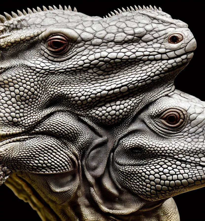 Image similar to iguana head the head has a symmetrical horn and tumor, and there is a rhino horn at the front of the beak, rich detail realistic photoreal photorealistic octane render 8 k