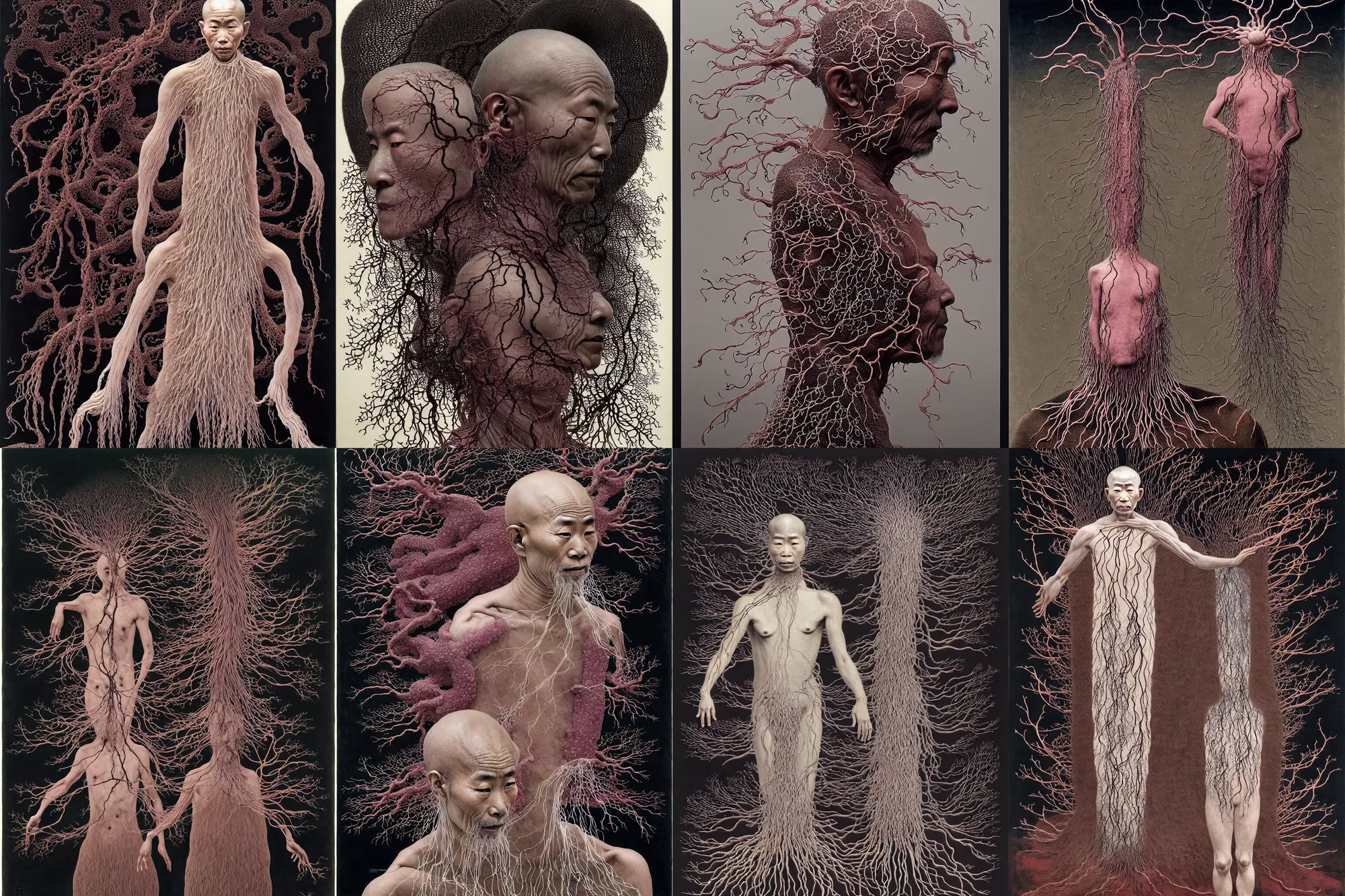 Image similar to ancient japanese monk, by kiki smith, by zdzisław beksinski, by wangechi mutu, full body, third - person, zoomed out, mycelium, mycena acicula, tremella - fuciformis, insanely detailed and intricate, hypermaximalist, elegant, ornate, hyper realistic