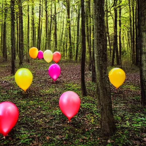 Prompt: An abandoned forest with colorful balloons, (Sony a7R IV, symmetric balance, polarizing filter, Photolab, Lightroom, 4K, Dolby Vision, Photography Award)