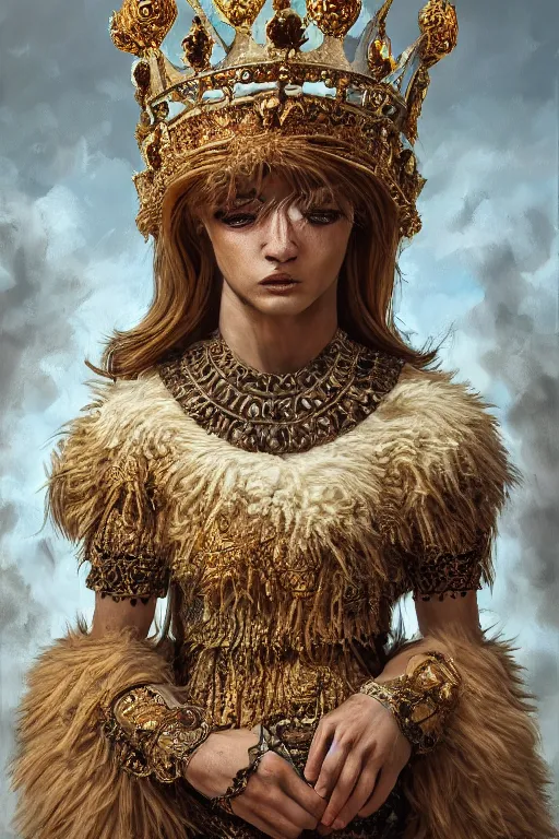 Prompt: anthropomorphic sheep queen, crown, oil on canvas, intricate, portrait, 8 k highly professionally detailed, hdr, cgsociety