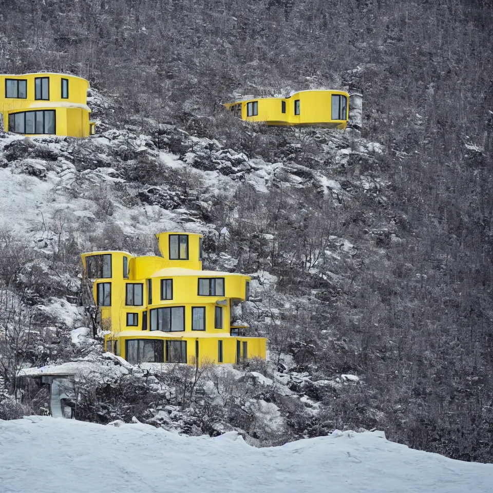 Image similar to an asphalt road leading to a mid-century modern house with large windows on top of a cliff in the arctic, covered with snow, designed by Frank Gehry. Big tiles. Film grain, cinematic, yellow hue