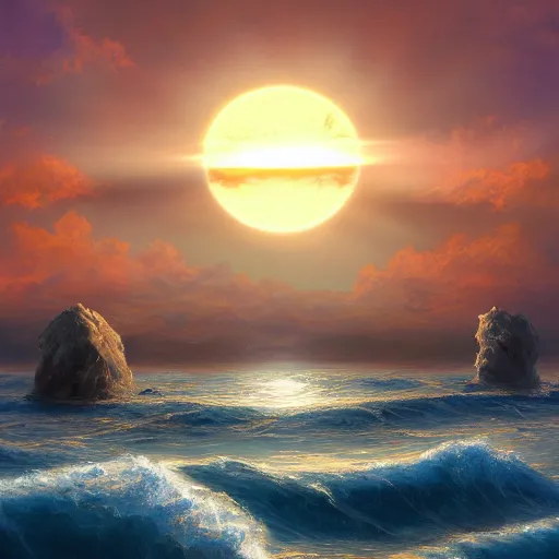 Prompt: a beautiful painting of three suns evaporating the ocean in the air,artstation