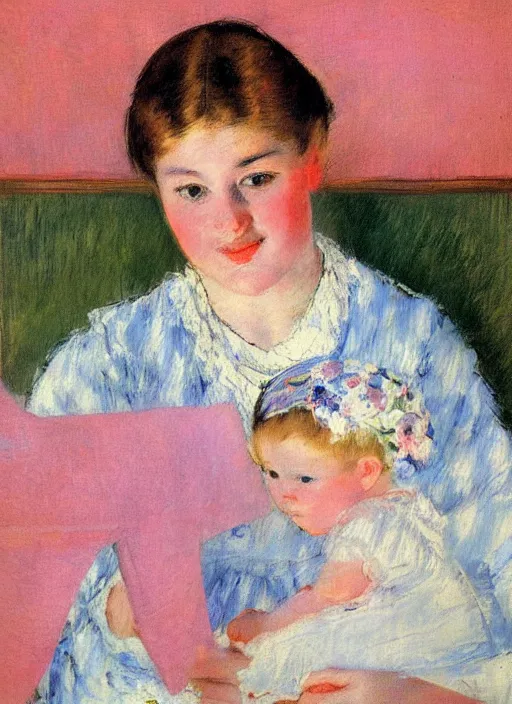 Prompt: vintage beautiful painting of mother's touch in Mary Cassatt’s style