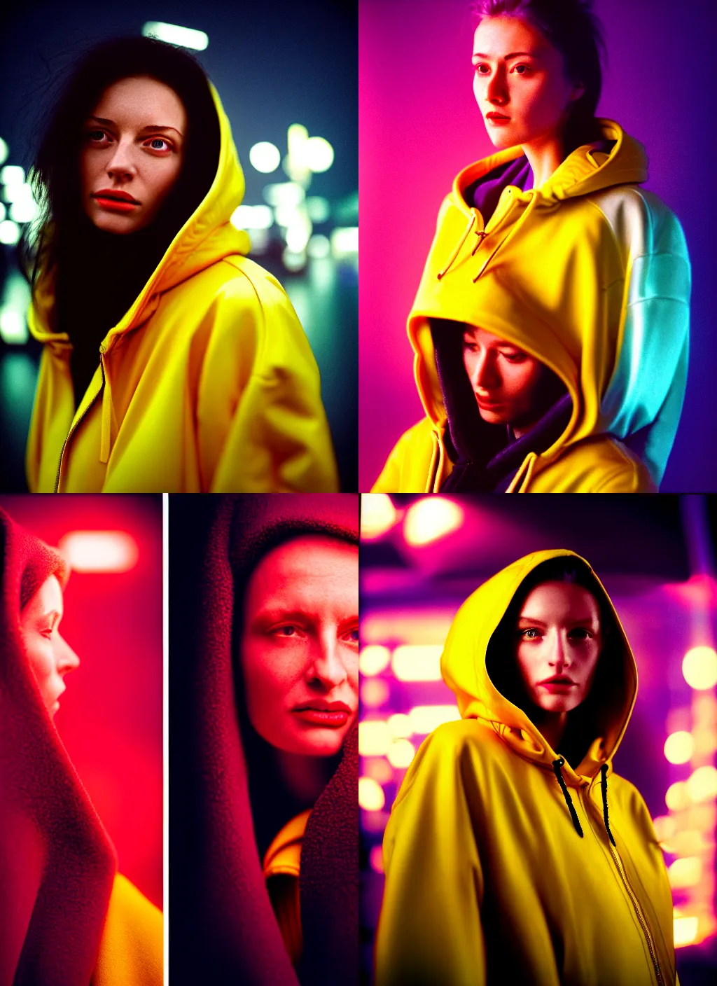 Image similar to A hyper realistic and detailed head portrait photography of a woman wearing a futuristic yellow raincoat with hoodie by annie leibovitz. Neo noir style. Cinematic. Swirly bokeh. Red neon lights and glow in the background. Cinestill 800T film. Lens flare.