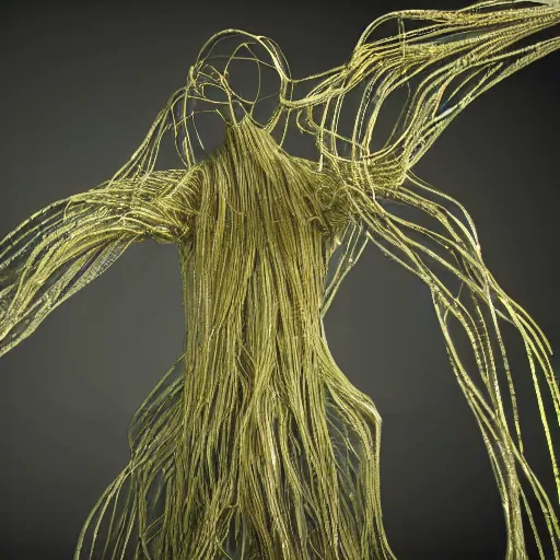 Prompt: a humanoid made of millions of thin ribbons and threads of translucent gold, silver, and green that are twisting, swirling, unraveling, and pulling apart into vast webbing structures, unreal engine