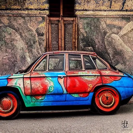 Prompt: A High quality award winning photo of a car with the bodywork painted with a ancient chine art style of the beatles, ancient china art style, car paint, ancient china style of the beatles, car paint the beatles-n 6