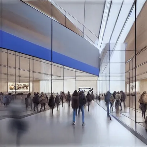 Prompt: (2030s Interior of a Samsung Microsoft Apple flagship store muted colors.) by Jean-Baptiste Monge !!!!!!!!!!!!!!!!!!!!!!!!!!!
