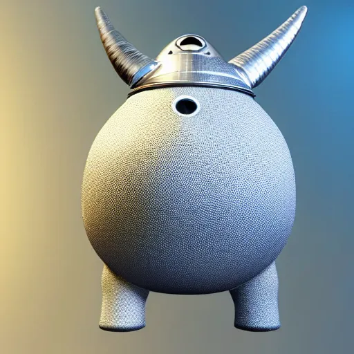 Image similar to a mechanical moomin with big head and horns, space style, metal, 3D art, in style of Baymax, smooth, 8k