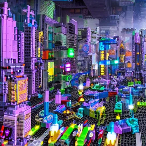 Prompt: cyberpunk city made of legos