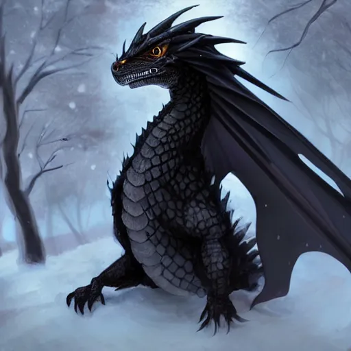 Image similar to handsome cute black dragon in snowy forest, dnd character, background focus, fantasy, magic, realistic textured skin, hawk feather, hawk wings, lizard legs, lizard pose, big eyes, clear clean, by lya kushinov, Avetetsuya Studios, Alexandra Fomina artstation, by Makoto Shinkai, digital 2D, matte painting