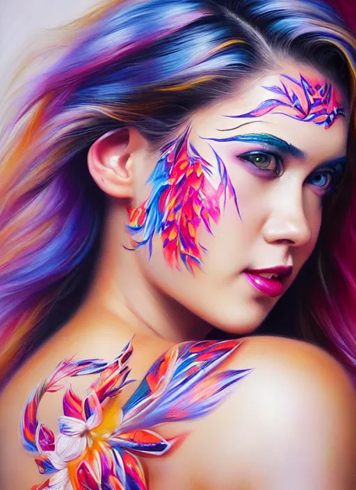 Image similar to full body photo of a gorgeous young woman in the style of stefan kostic, wild colorfully face painting, realistic, sharp focus, 8k high definition, insanely detailed, intricate, elegant, art by stanley lau and artgerm