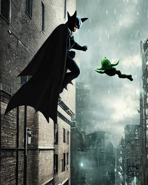 Prompt: epic action still of baby yoda wearing batman outfit as batman hanging upside - down from building in atmospheric alleyway in the style of batman the dark knight rises, 8 k backlit