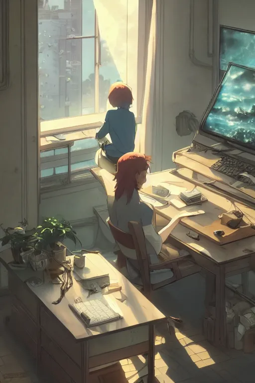 Image similar to beautiful scene render of a person sitting at a desk, looking at monitor, dimly lit bedroom, hot cocoa drink,, perfectly shaded, atmospheric lighting, style of makoto shinkai and peter mohrbacher, studio ghibli. artgerm, karol bak, beeple, animation style, 8 k hd, ultra wide angle, hyper detailed