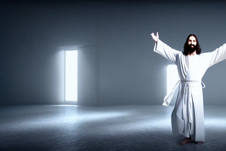 Image similar to jesus christ wearing a white robe strikes a dance pose in the apocalypse, intricate, hyper detailed, accent lighting, dramatic light, 4 k octane render