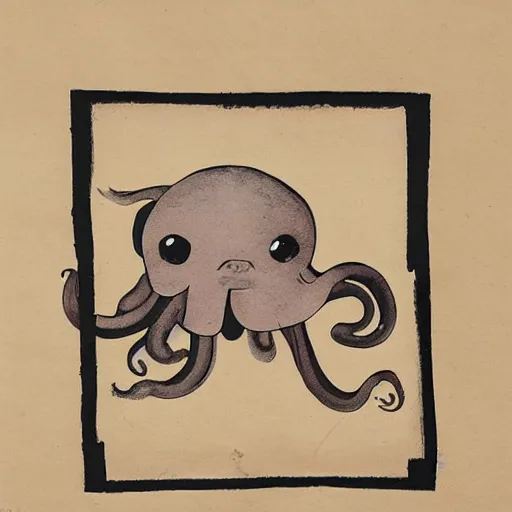 Image similar to a pig - octopus, calligraphy, ink on japanese rice paper