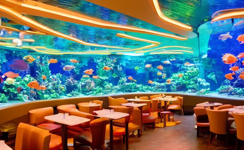 Image similar to inside a fastfood fish restaurant, fluorescent light, bright, atlantis theme, a big aquarium at the wall