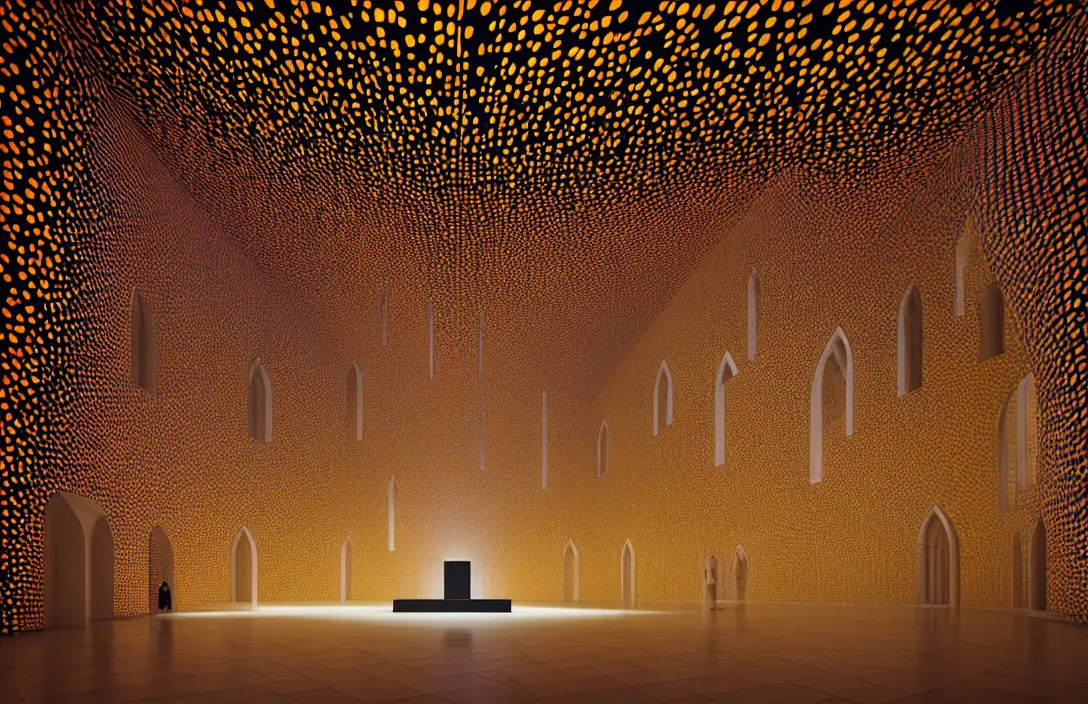 Image similar to vestiges of the world in this church interior, vertical lines suggest spirituality, rising beyond human reach toward the heavens. cloister quadrangle yayoi kusama installation by filip hodas
