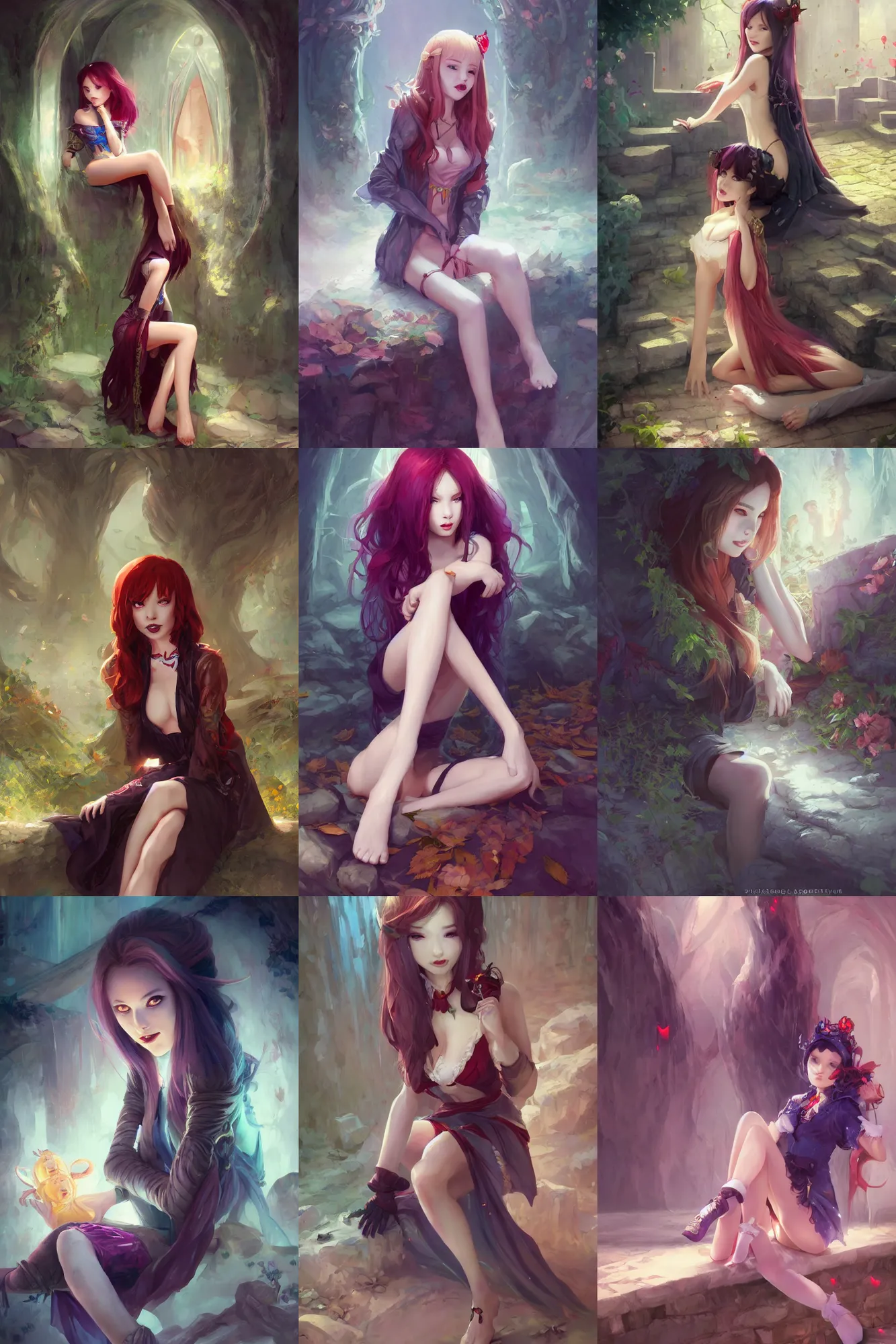 Prompt: a beautiful vampire girl sitting in a tomb | | cute - fine - subtle smile, colorful hair, face, pretty face, fine details by stanley artgerm lau, wlop, rossdraws, james jean, andrei riabovitchev, marc simonetti, and sakimichan, trending on artstation