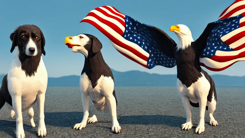 Image similar to a dog a bald eagle and a trident, patriotic, unreal engine