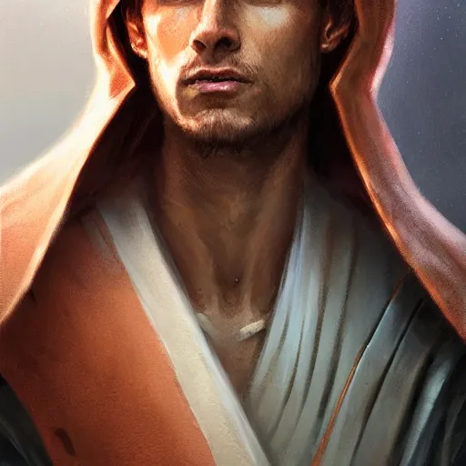 Image similar to portrait of a man by greg rutkowski, jedi knight owen skywalker, messy copper hair, jedi robes, star wars expanded universe, he is about 2 0 years old, wearing jedi robes, highly detailed portrait, digital painting, artstation, concept art, smooth, sharp foccus ilustration, artstation hq