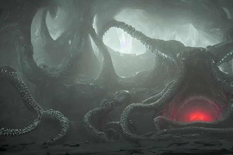 Image similar to a giant lovecraft creature going through a hell portal, dark vives, volumetric mist, intrincate details, trending on artstation