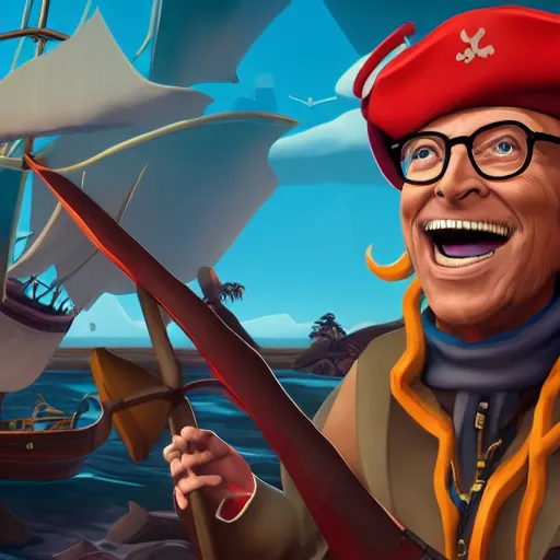 Image similar to Bill Gates as a pirate in the game Sea of thieves, digital art, trending on artstation