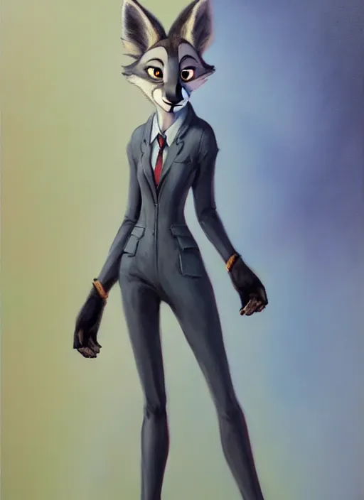 Image similar to oil painting of detailed full body of anthromorphic female wolf, in style of zootopia, zootopia, zootopia, fursona, furry, furaffinity, 4 k, deviantart, furry art, fursona art, wearing black business suit, business suit, in style of zootopia, wolf fursona, cyberpunk, female, expressive detailed feminine face,