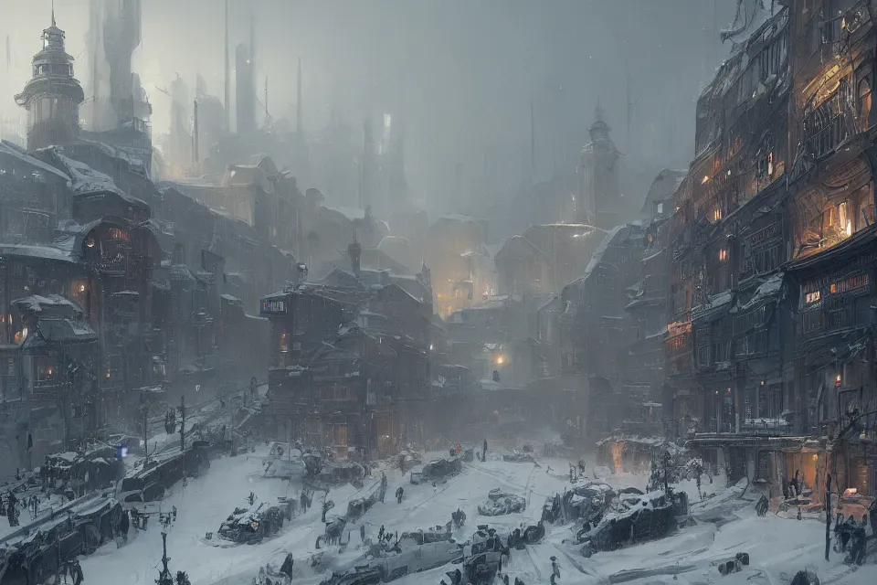 Image similar to highly detailed painting of dieselpunk stockholm, winter, snow, dystopia, by greg rutkowski, 4 k resolution, trending on artstation