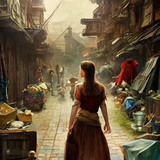 Image similar to artgerm, ilya yefimovich repin style as slum neighborhood in lord of the ring world, fantasy, photorealistic content, hyperrealistic content, high definition content, intricate, delete duplicate content, justify content center, left align, right align, ultra detailed content, ultra realistic face structure, rgb color