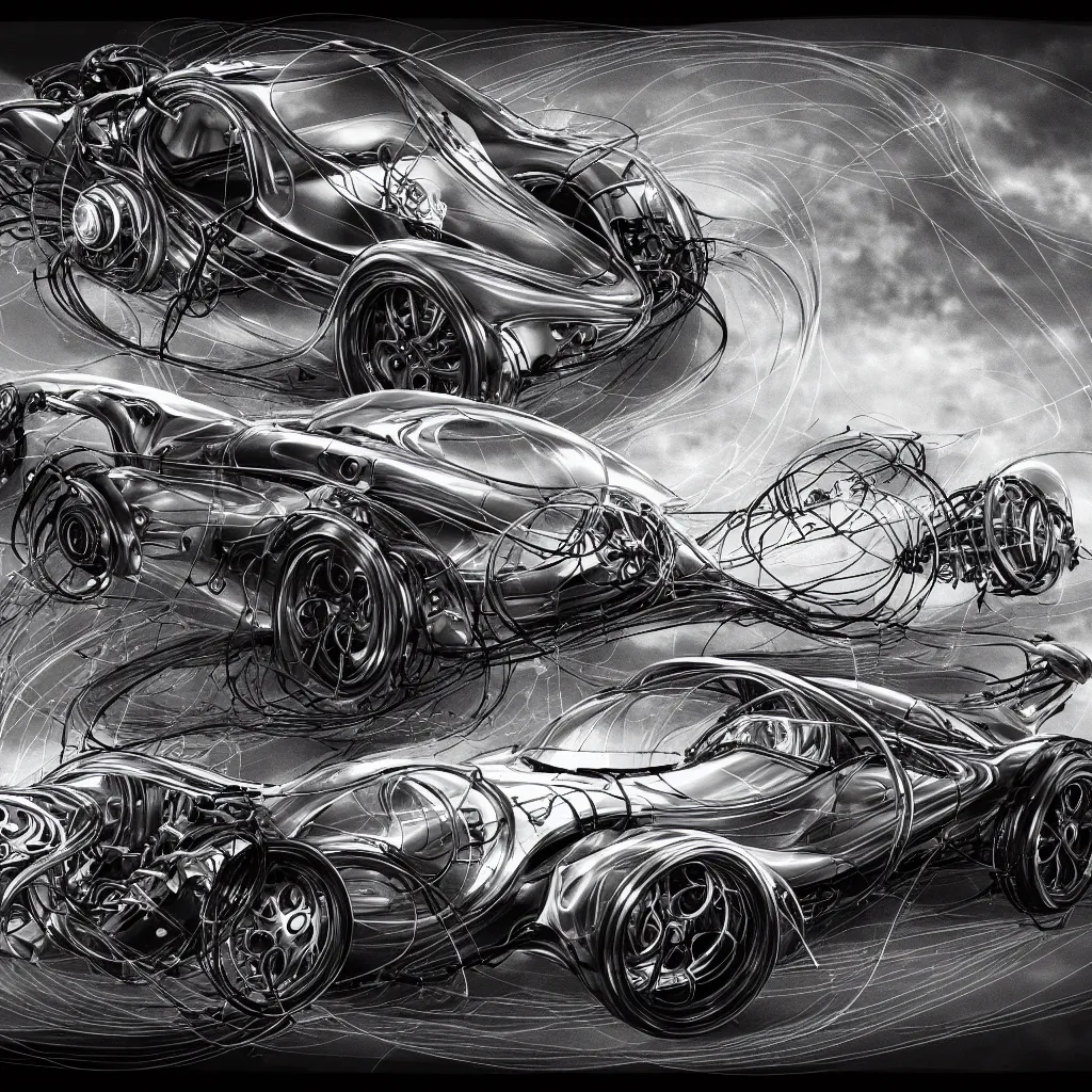 Image similar to open top sports car shaped as time machine in latent space, mechanical wire frame drawing, fantasy, intricate, elegant, highly detailed, digital painting, concept art, smooth, sharp focus, illustration, divine realm of gods, realistic cinematic style, filmed in 70mm, volumetric lighting, octane render, photographic, concept art, artist Leonardo DaVinci, unreal engine 8k