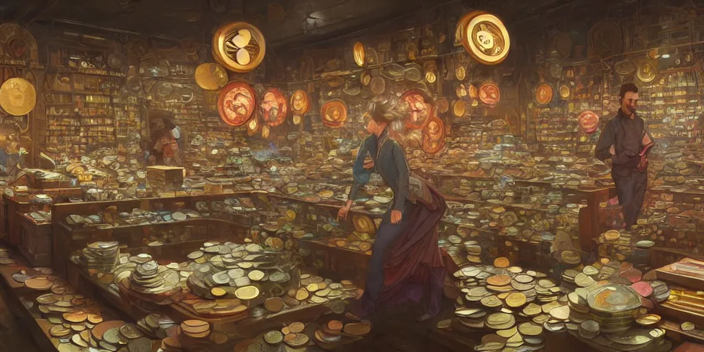 Image similar to modern coin shop with a lot of coins, 4 k, octane, digital painting, artstation, concept art, sharp focus, illustration, art by artgerm and greg rutkowski and alphonse mucha