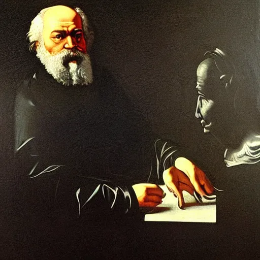 Prompt: karl marx has problems in a dark painting by Caravaggio